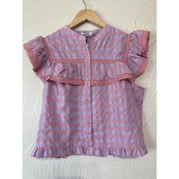 Day + Moon Gingham Ruffled Blouse In Pink Size Large - Picture 2 of 8